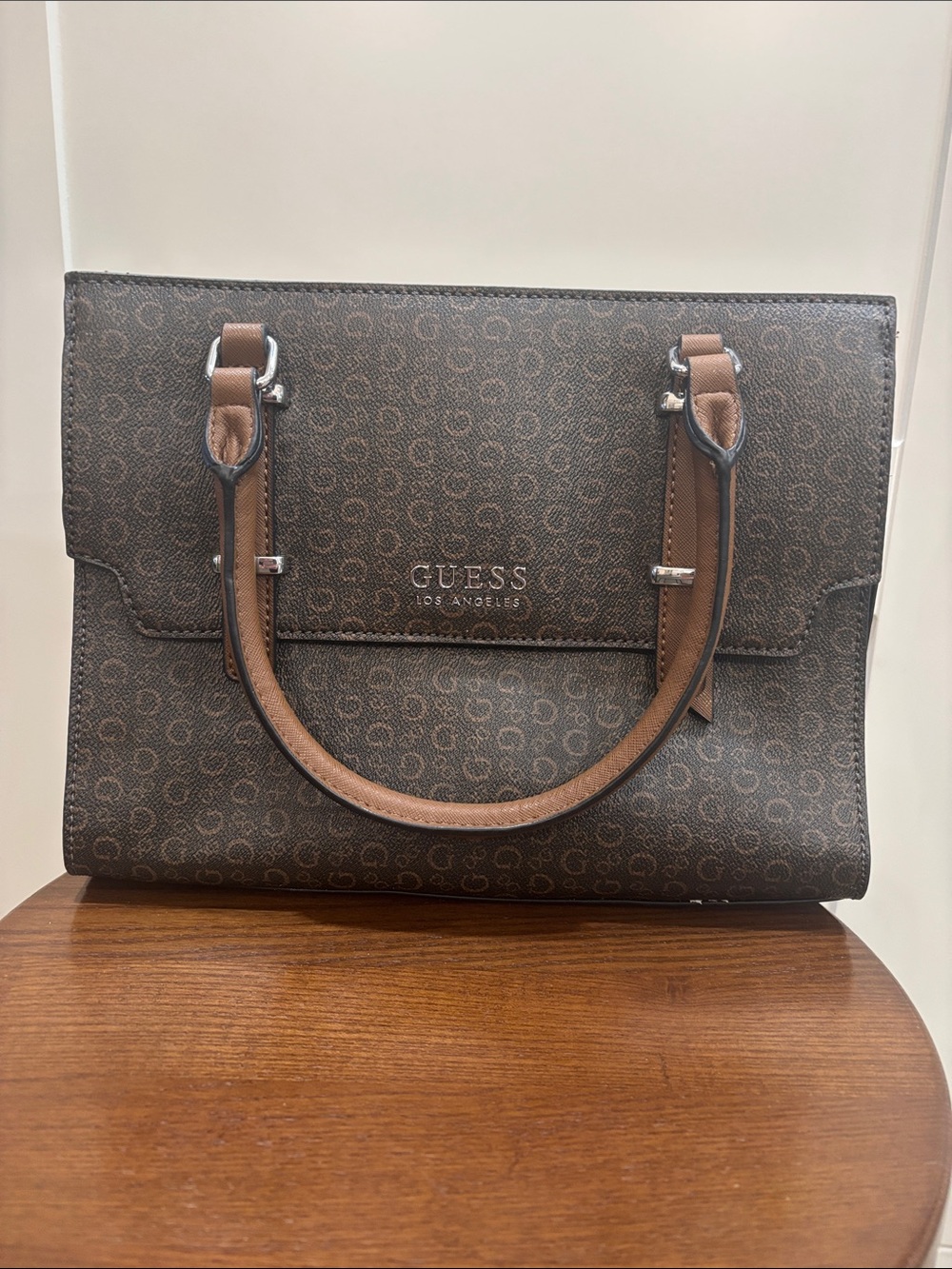 GUESS Brown Monogram Satchel with Tan Handles